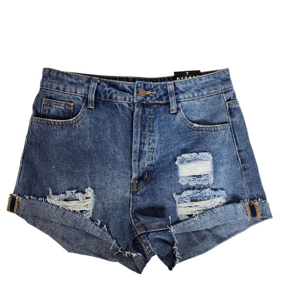 Fashion Nova Womens Denim Shorts Size 7 Blue High Rise Button Fly Distressed Rip - Picture 3 of 11